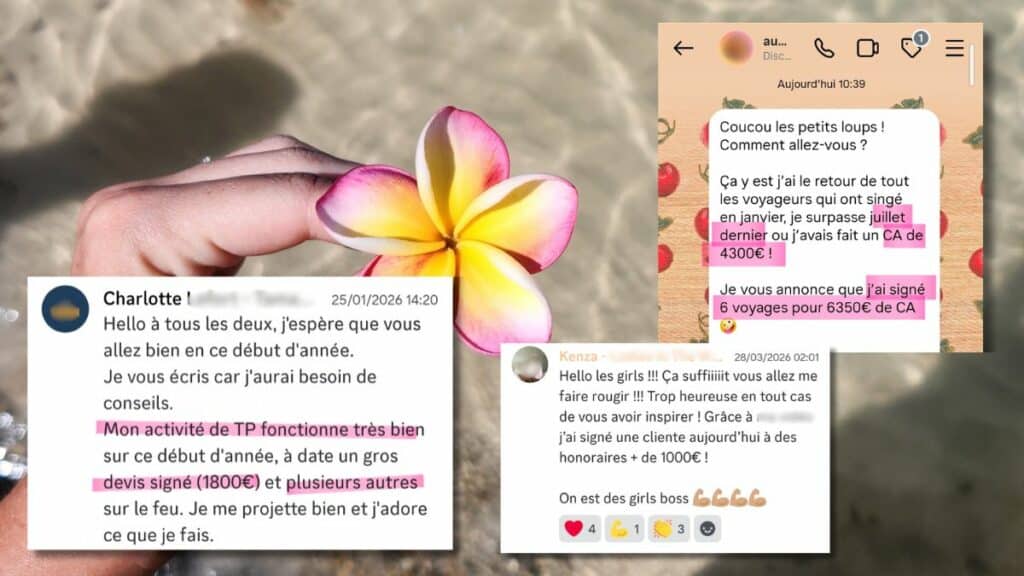 une fleur et des avis de 3 élèves de la formation travel planner qui expliquent avoir gagné 6350€ pour 6 voyages, 1800€ pour un voyage et 1000€ pour un voyage organisé